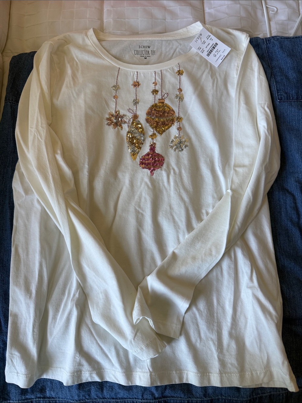 J. Crew Cream Long Sleeve Tee with Sequin Ornament Embellishment